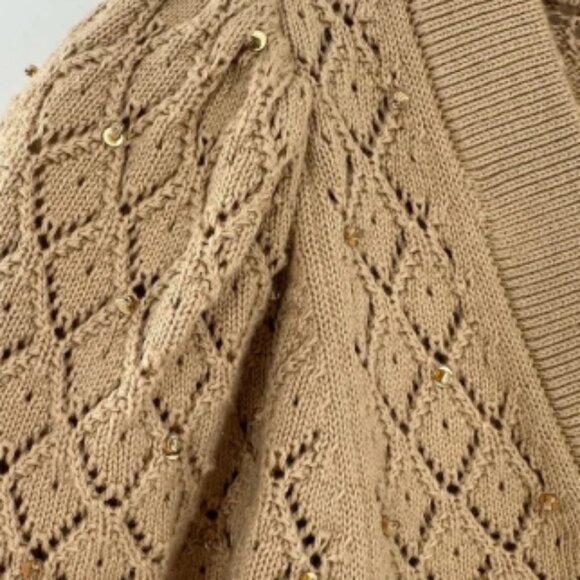 NWT Alice + Olivia Romi Cropped Embellished Pointelle-Knit Cardigan Sand Size S - Picture 4 of 6